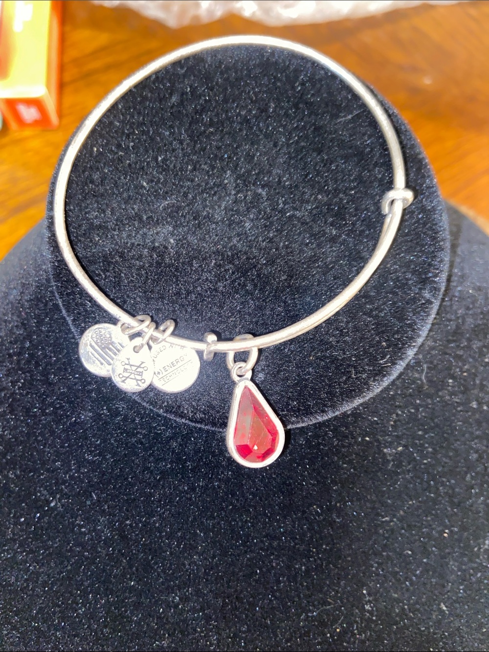 Alex and Ani Silver Bangle with Red Teardrop Charm